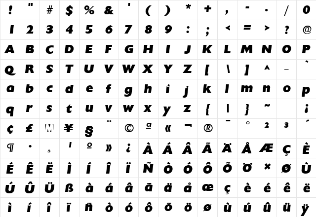 ChantillyLH HeavyItalic  glyph index