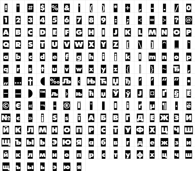 FuturisXCameoC Regular  glyph index