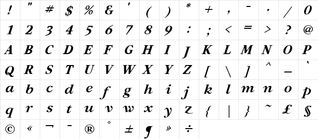 Artemius TT Bold Italic  glyph index