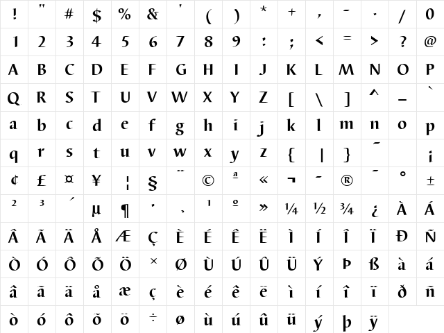 Barbedor Bold  glyph index