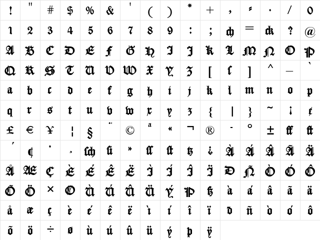 Fette Caslon Gotisch Black  glyph index