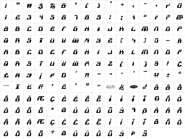 1968 Odyssey Expanded Italic Expanded Italic  glyph index