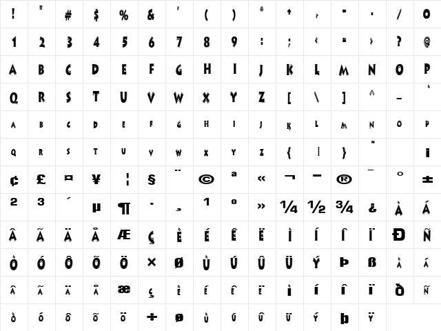 Art Regular  glyph index