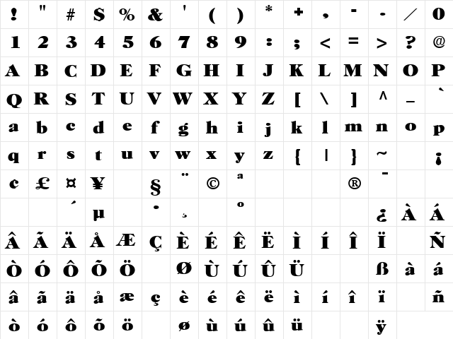Broadview Regular  glyph index