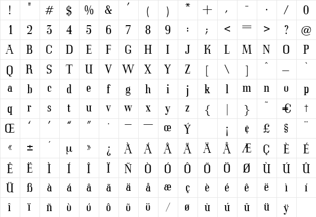 Mercator Regular  glyph index