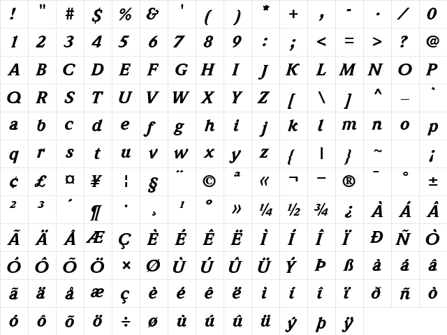 QuintessenceBlackSSK Italic  glyph index