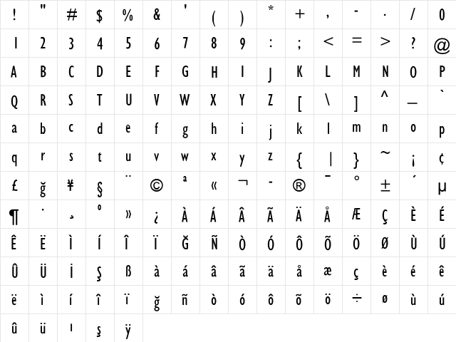 GillSansCondensed Regular  glyph index