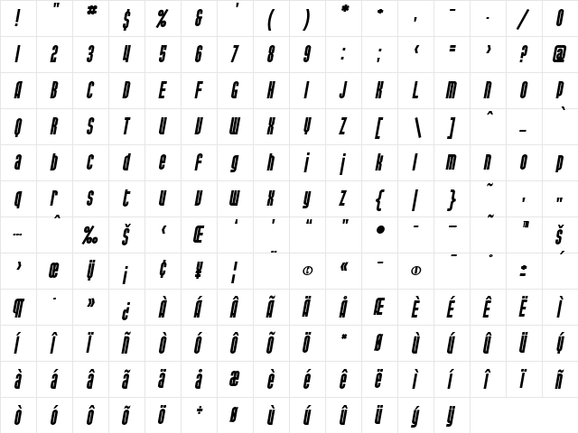 SF Port McKenzie Bold Italic  glyph index