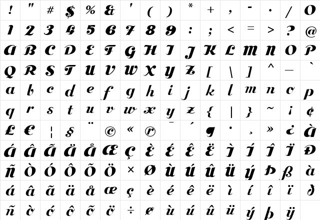 Bolero Regular  glyph index