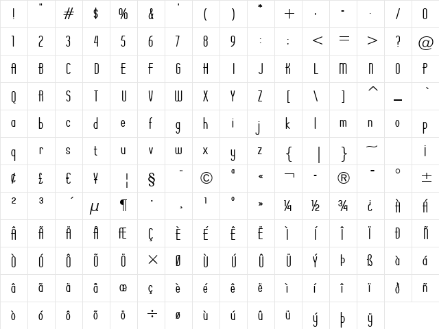 Operator Nine BTN Bold  glyph index
