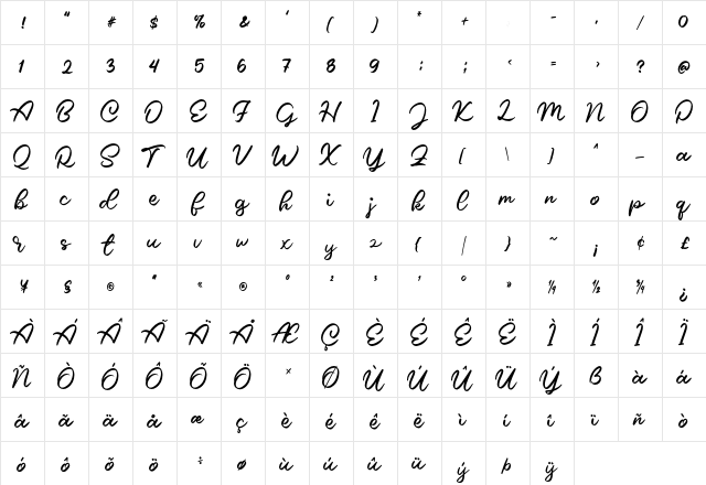 Caride Script Regular  glyph index