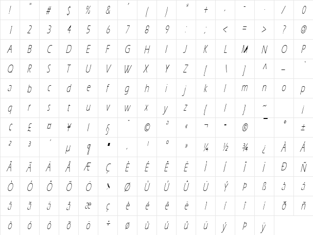 Eric Lite Thin Italic  glyph index