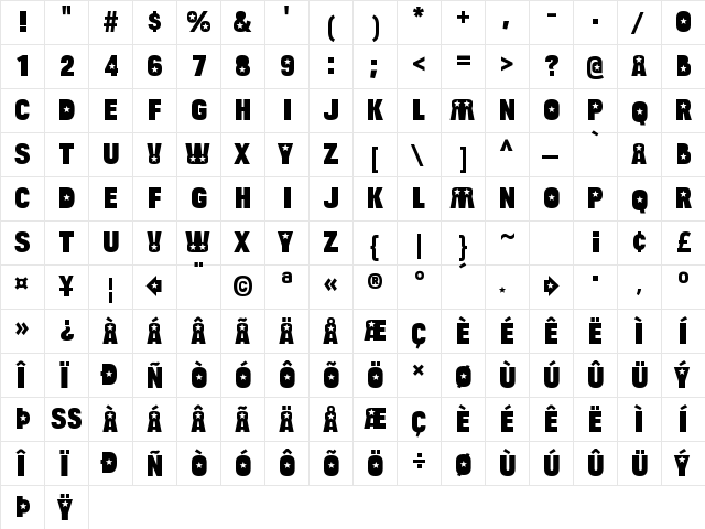 Bulltoad Star Regular  glyph index