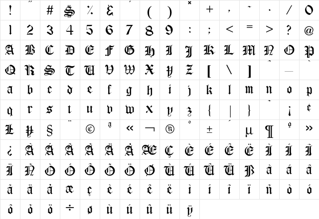 Castle Font  glyph index