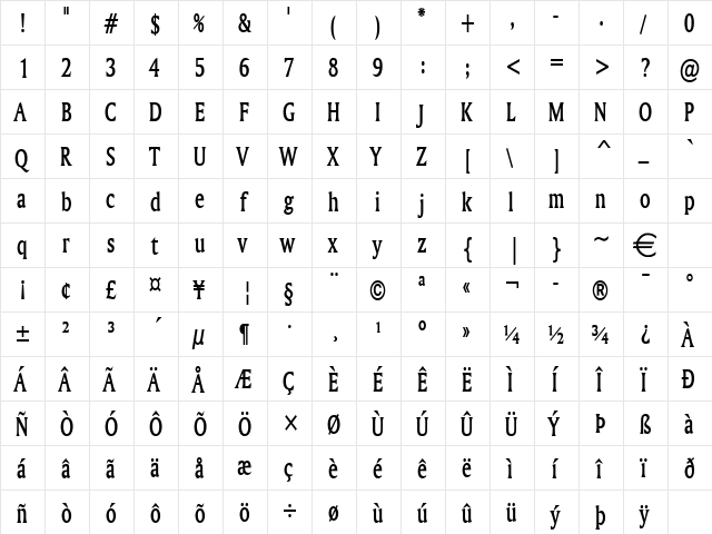 AmerettoThin Bold  glyph index