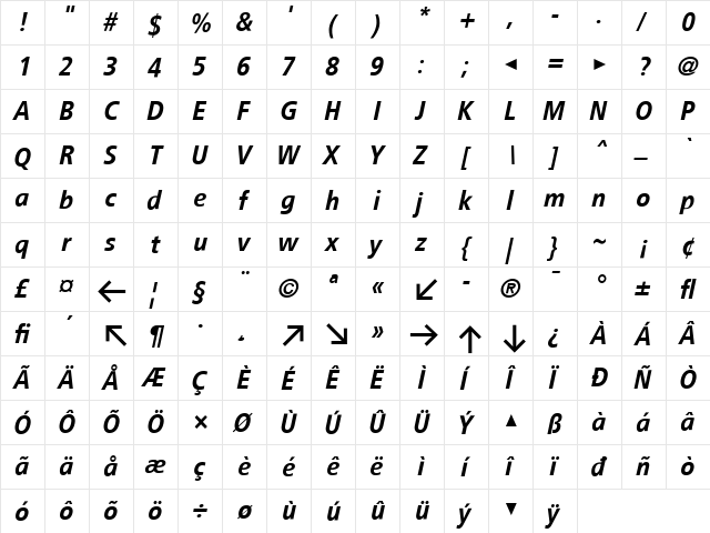 TransitBack Italic  glyph index