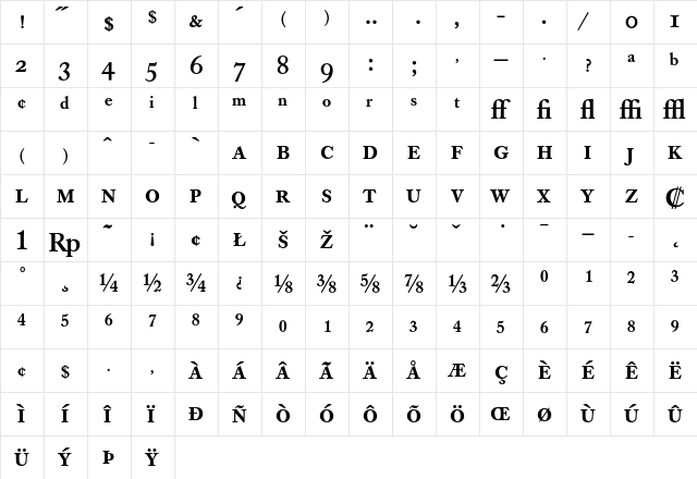 Caslon Book BE Medium Expert  glyph index