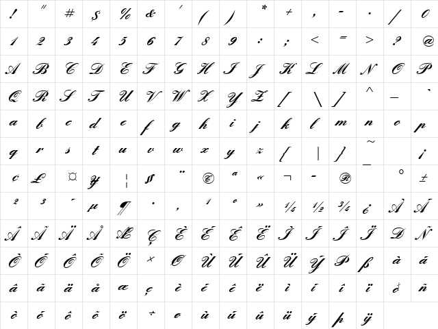 Englische Becker Bold  glyph index