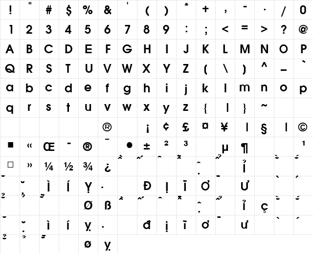 VNI-Avo Bold  glyph index