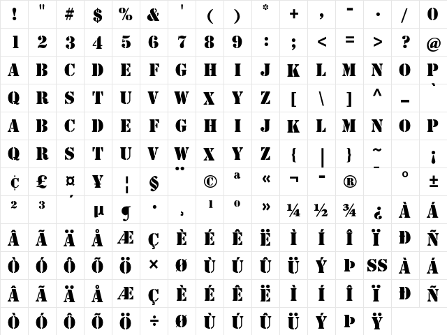 Stencil Std Bold  glyph index