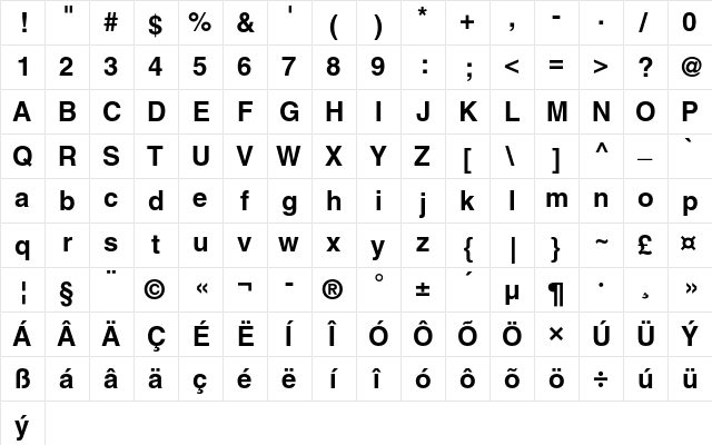 Helvetica CE Bold  glyph index
