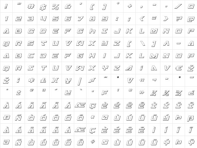 Trans-America 3D Italic Italic  glyph index