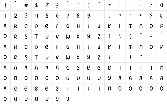 Blue Paint Regular  glyph index