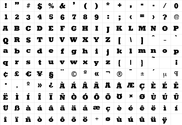 StaffordSerial-Heavy Regular  glyph index