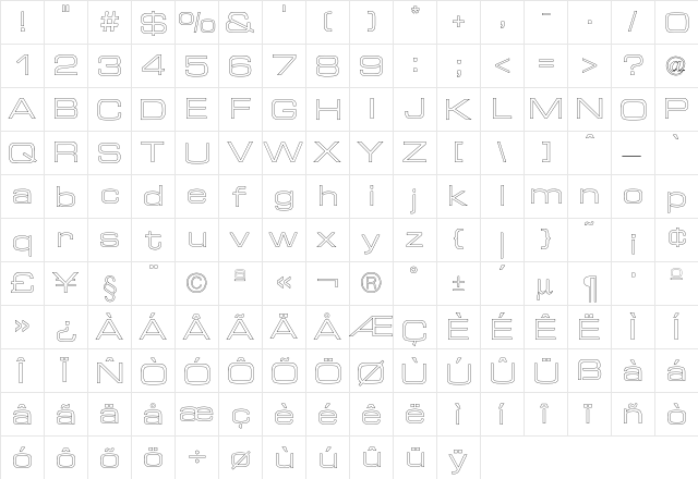 Euro TechnicExtOutline  glyph index