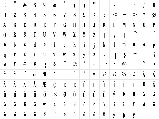 Cheltenhm XBdCn BT Bold  glyph index