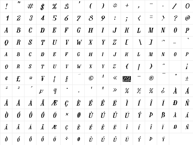 JacquesRoughcut Italic  glyph index