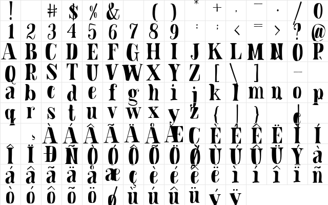 Blade Font Regular  glyph index