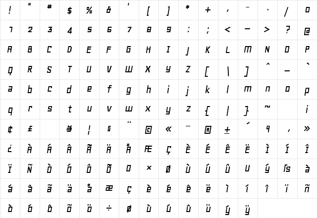 Geo Oblique  glyph index
