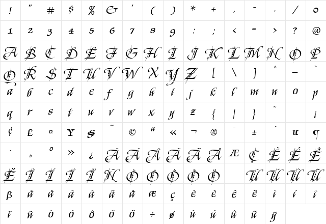 KingsQuest Regular  glyph index