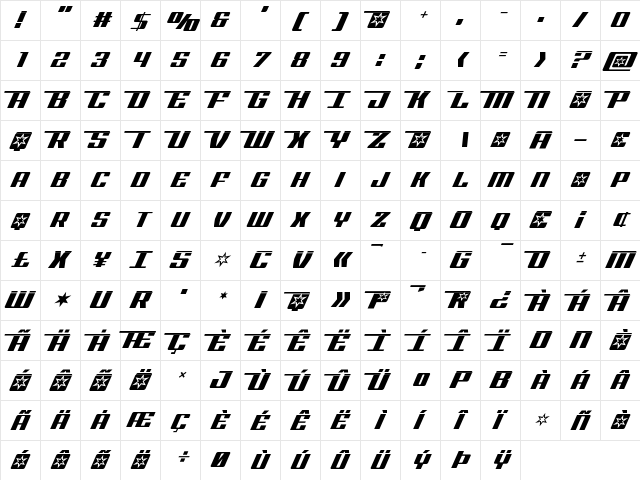 Rocket Pop Laser Regular  glyph index