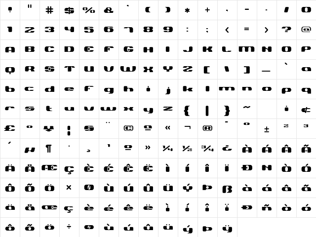 Terminal Regular  glyph index