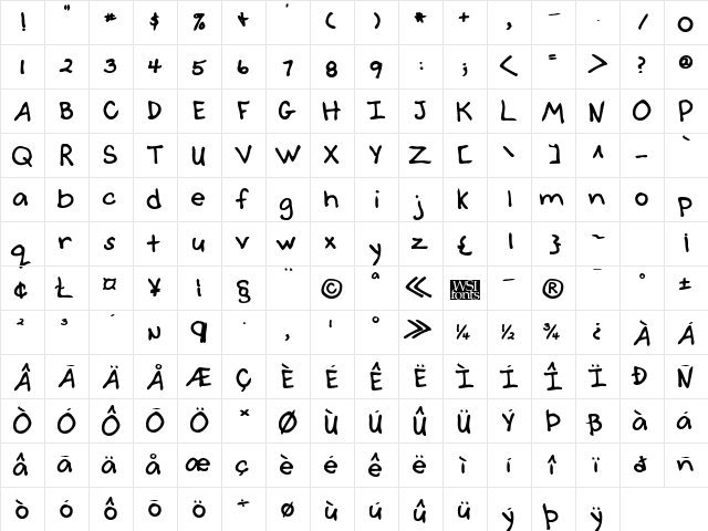 CarlysHand Bold  glyph index