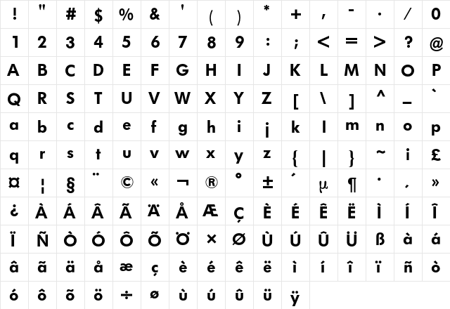 Futura BQ Regular  glyph index