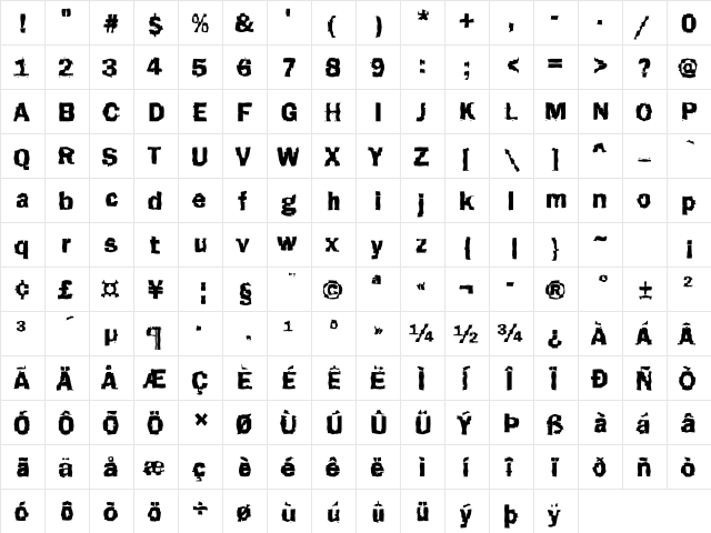 DTCFunkyM47 Regular  glyph index