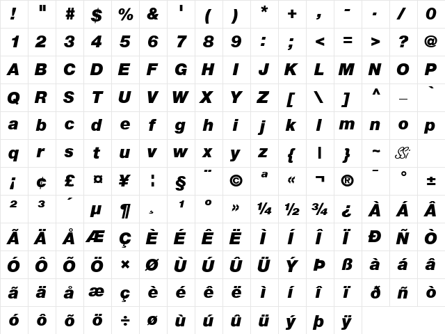 Context Reprise Black SSi Black Italic  glyph index