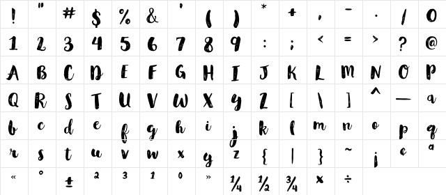 Glamour Brush Regular  glyph index