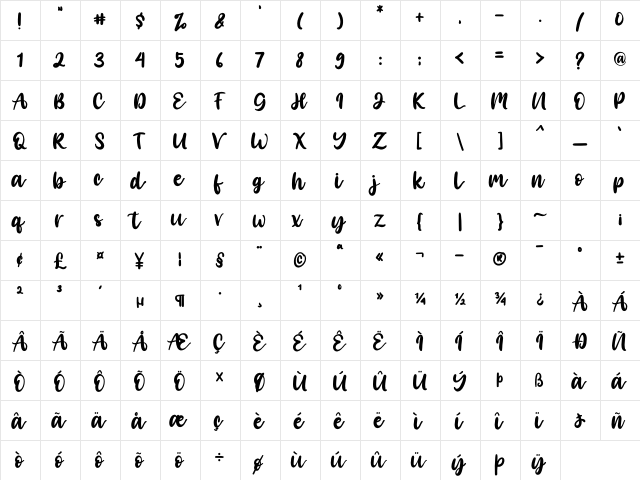 Angelica Caroline Regular  glyph index