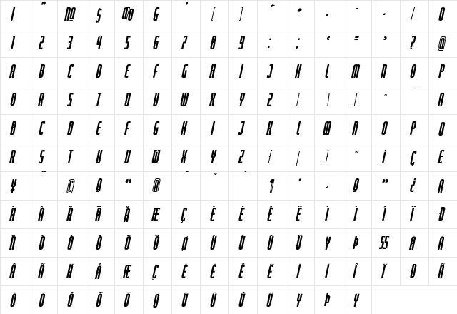 Judgement CompressedItalic  glyph index