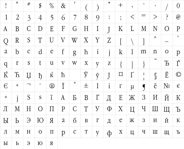 GaramondNarrowCTT Normal  glyph index