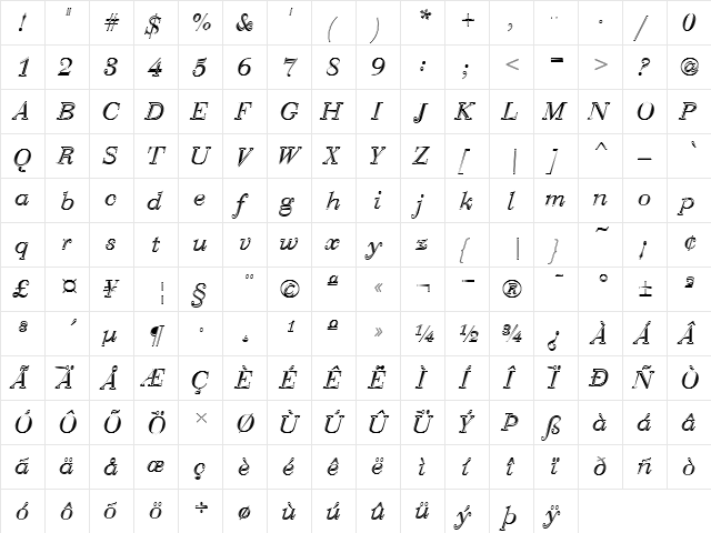 Bauer Bodoni D In1 Regular  glyph index