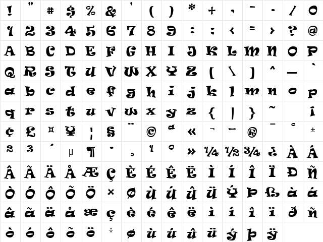 Ravie Regular  glyph index