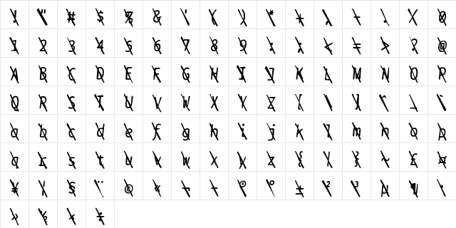 BPtypewriteDamagedSlashed Italic  glyph index