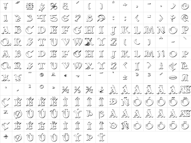 Wars of Asgard 3D Regular  glyph index