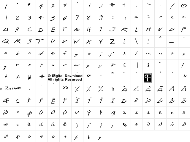 Zodiac Cleartext Regular  glyph index