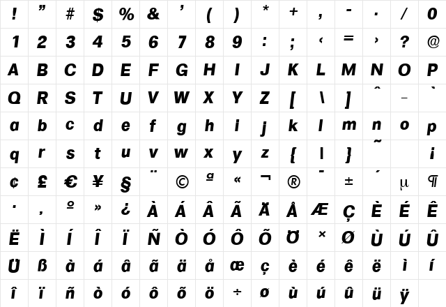 FormulaSerial-Xbold Italic  glyph index